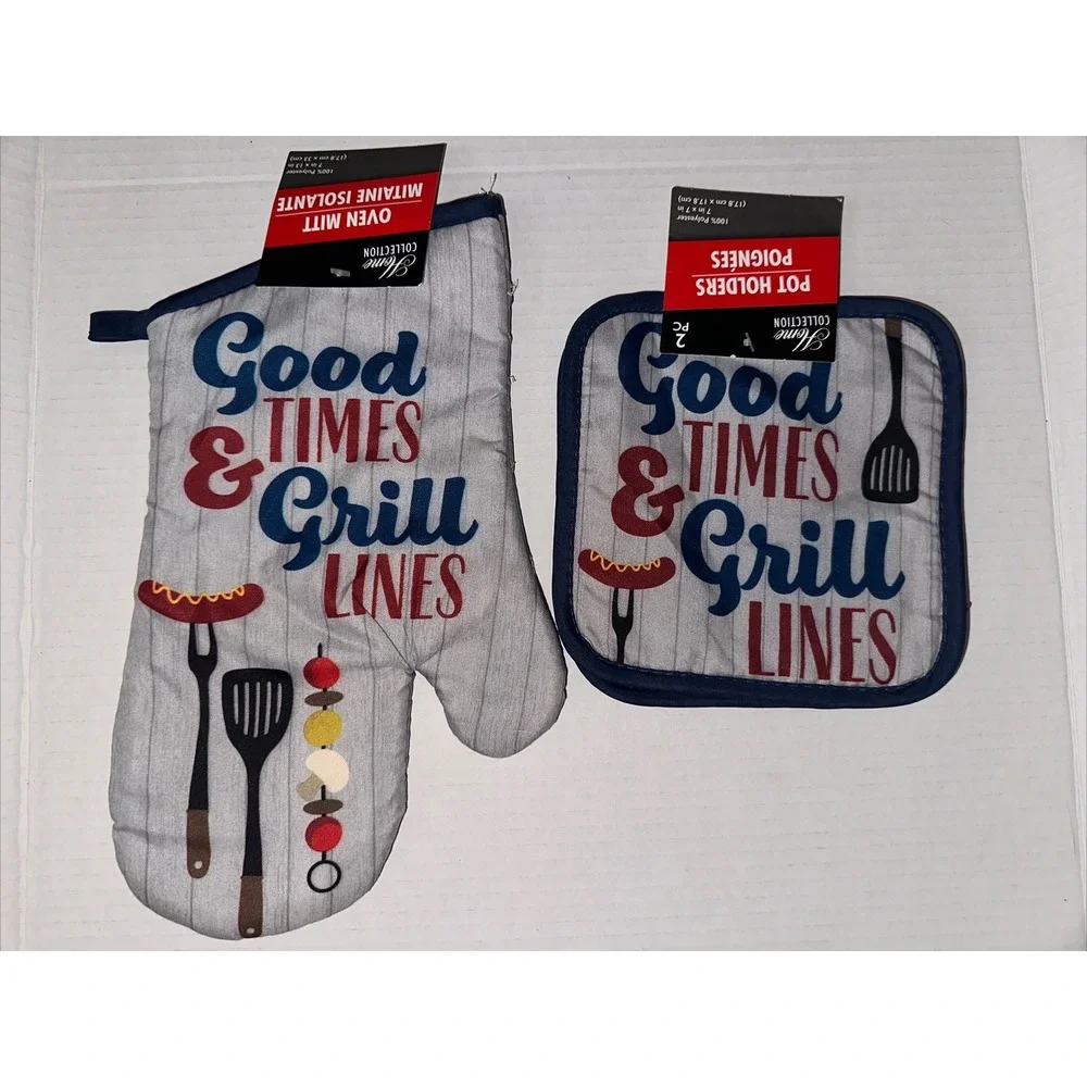 Home Collection Good Times & Grill Lines Oven Mitt and Pot Holders BBQ Set Gray